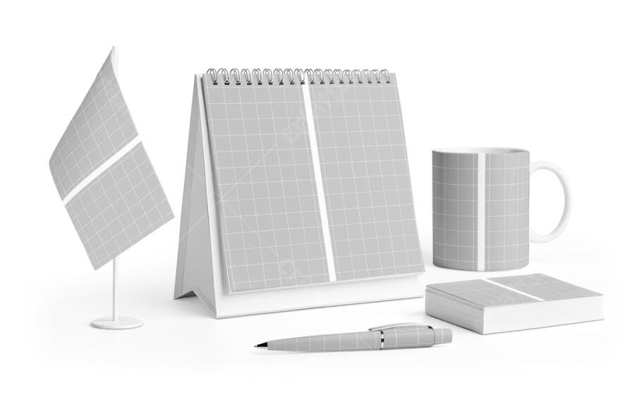 Mockup Realista de Kit de Papelaria: Calendário, Caneca e Bloco
