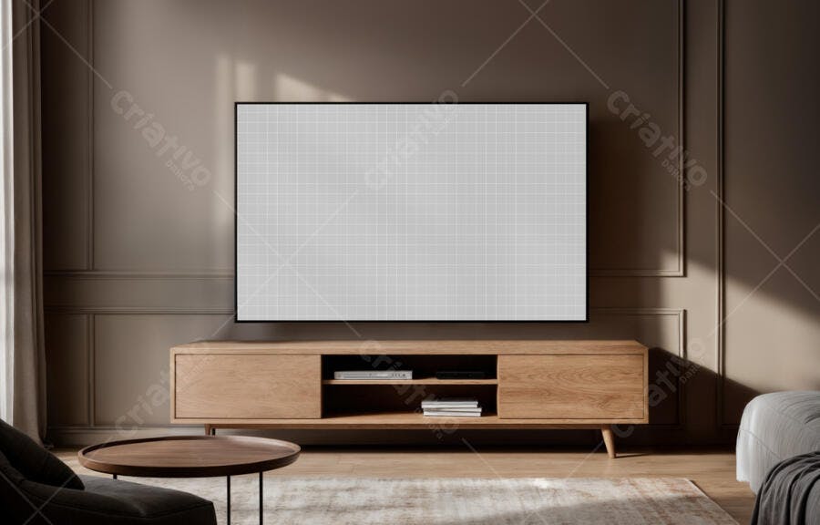 Mockup de Smart TV em Sala Moderna com Tons Terrosos
