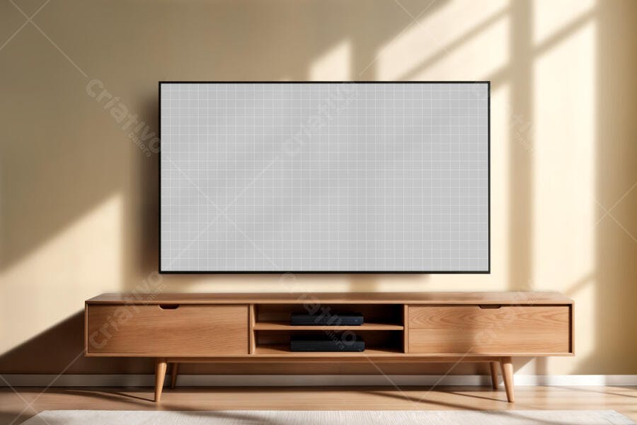 Mockup de Smart TV em Sala Moderna com Móvel de Madeira