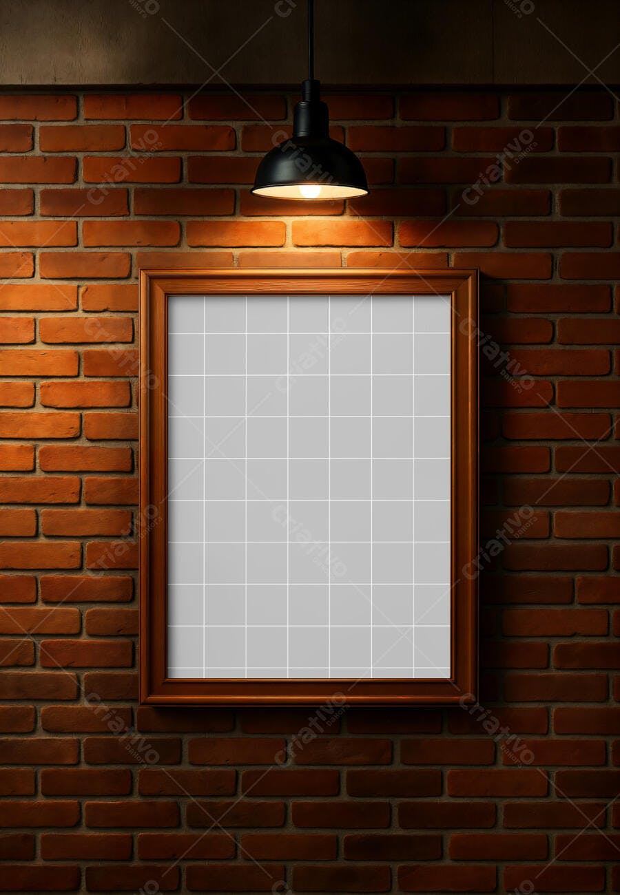 Mockup Quadro de Madeira em Parede de Tijolo