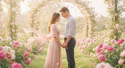 Casal de namorados em um jardim florido para composição