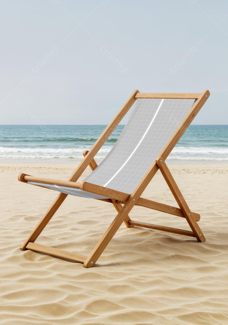 Mockup Cadeira de Praia em Madeira e Cinza na Areia