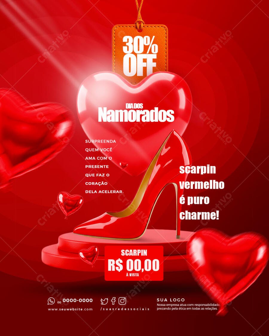 Flyer Dia dos Namorados com Scarpin Vermelho PSD Editável