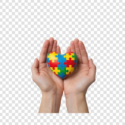 Duas mãos abertas emergindo seguram delicadamente um objeto em forma de coração estampado com as cores vibrantes da conscientização sobre o autismo
