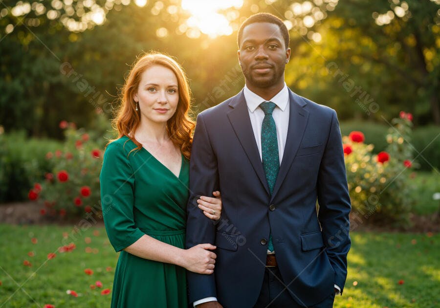 Casal abraçado jardim ao entardecer