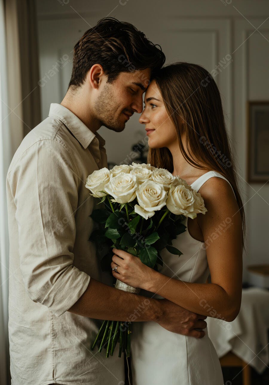 Casal apaixonado com rosas brancas