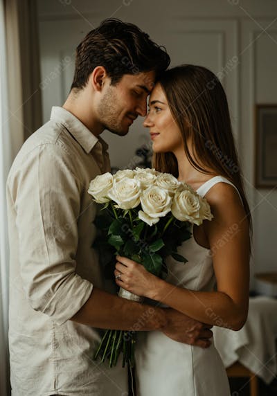 Casal Jovem e Romantico se Abraça Segurando um Buquê de Rosas Brancas