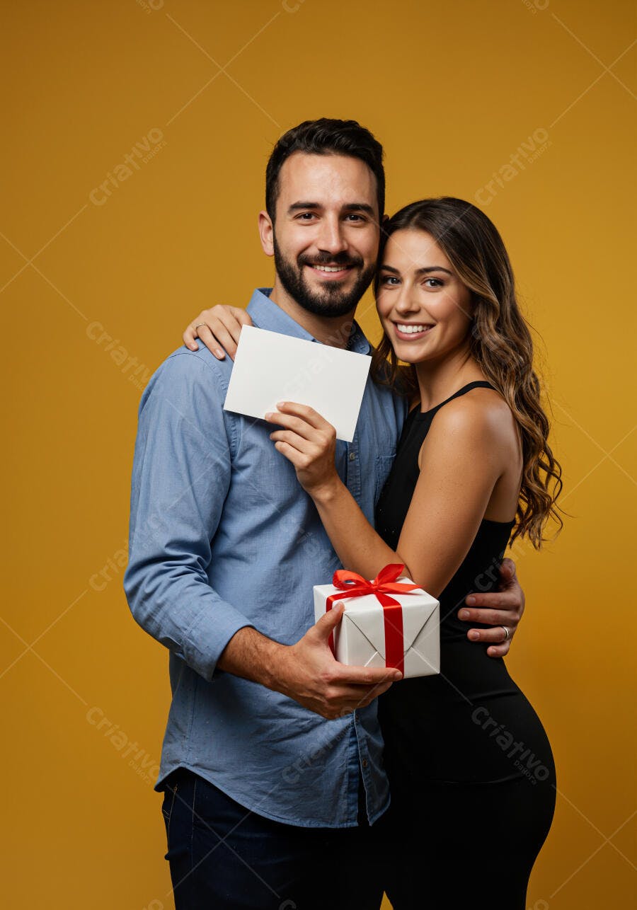 Casal feliz com presente e cartão