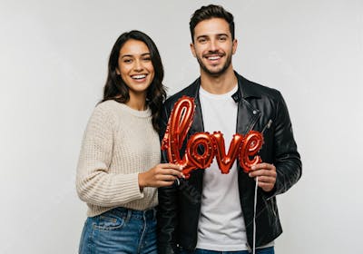 Casal Jovem Sorrindo Segura Balão com os Dizeres Love