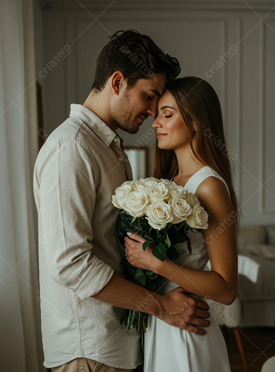 Casal apaixonado com rosas brancas