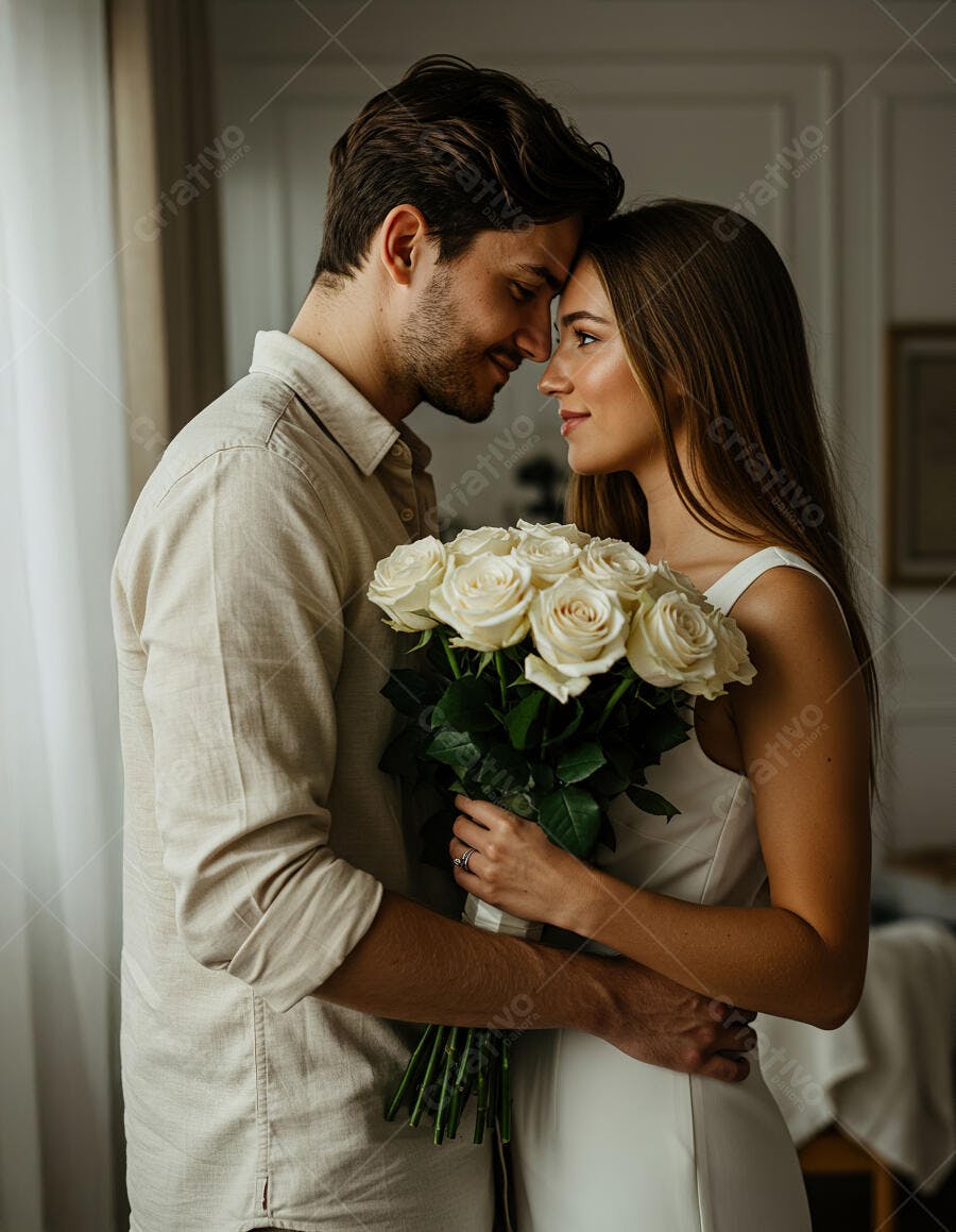 Casal apaixonado com rosas brancas