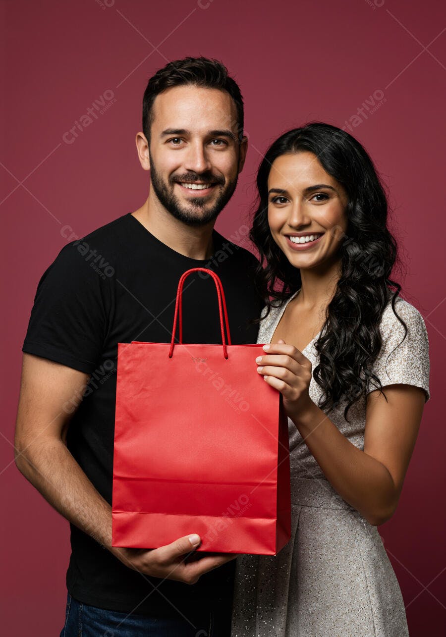 Casal feliz com saco de compras vermelho