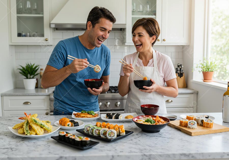 Casal feliz comendo sushi na cozinha