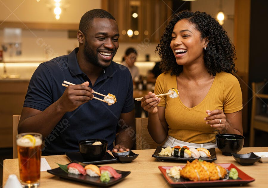 Casal afro-americano jantando sushi