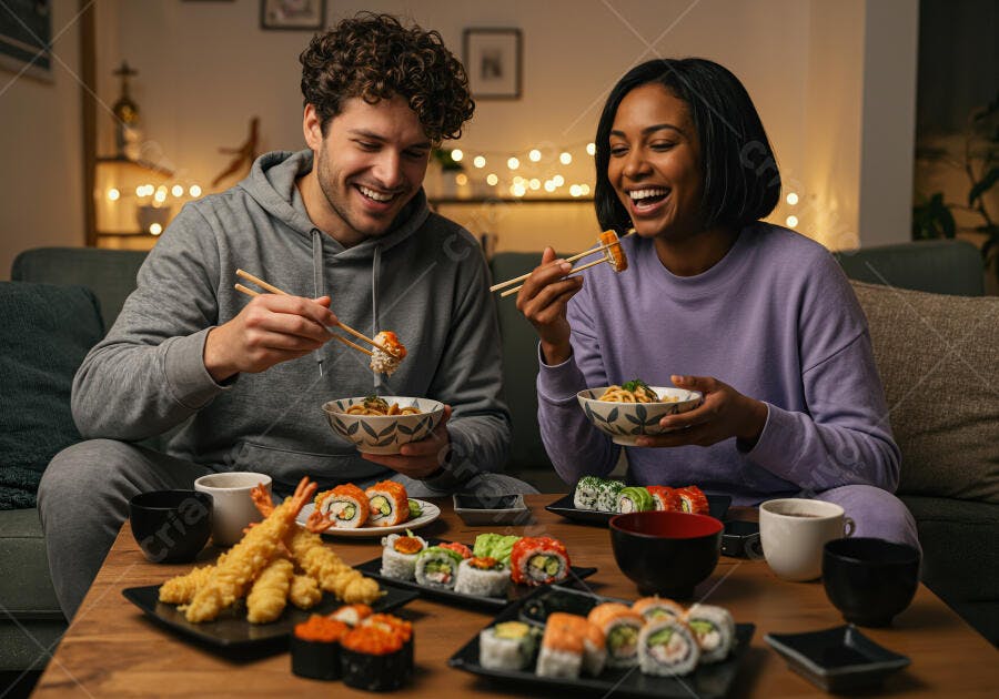 Casal desfrutando jantar japonês em casa