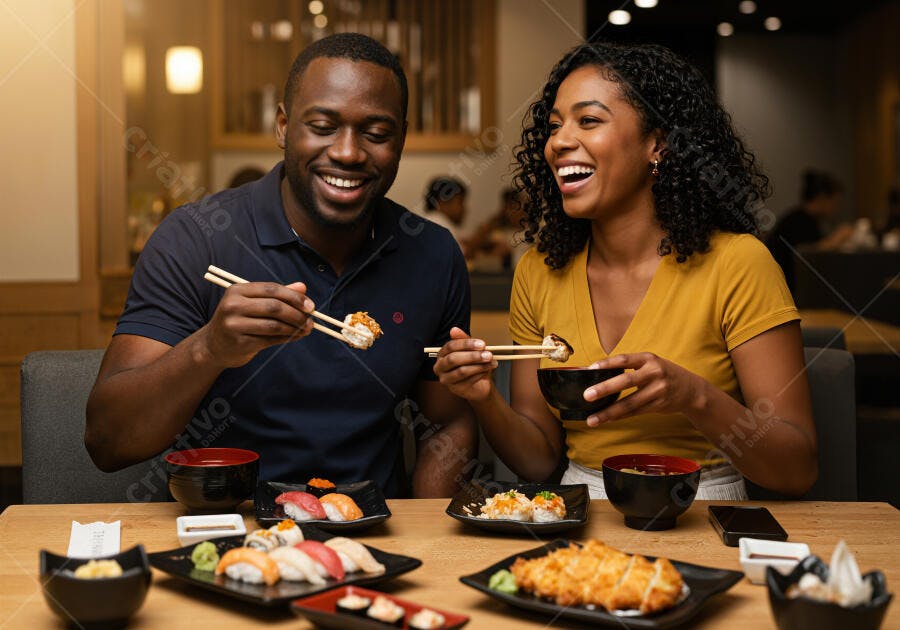 Casal afro-americano alegre jantando sushi