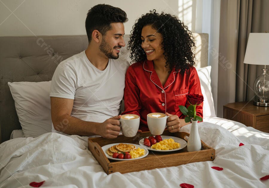 Casal tomando café da manhã na cama