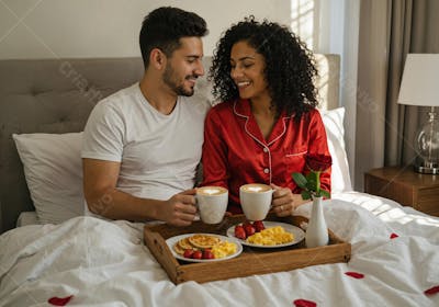 Casal Namorados Tomando Café da Manhã na Cama