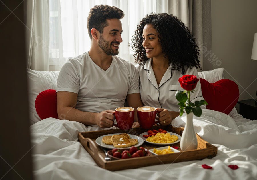 Café da manhã romântico casal cama