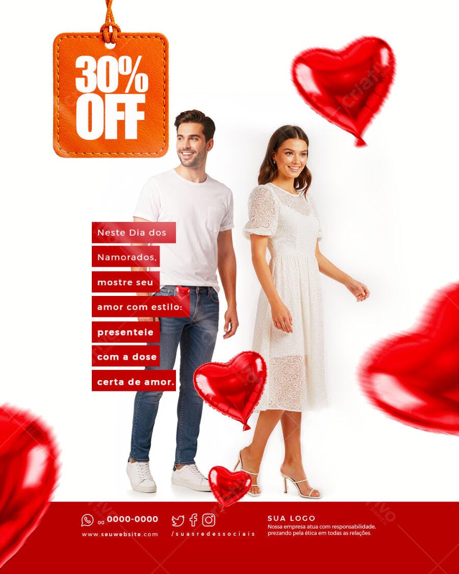 Flyer Dia dos Namorados com 30% OFF PSD Editável