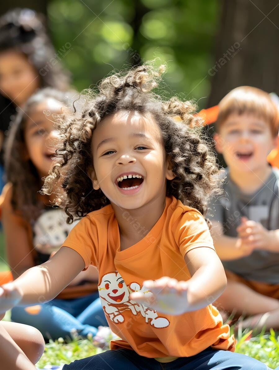 Criança rindo em parque com amigos
