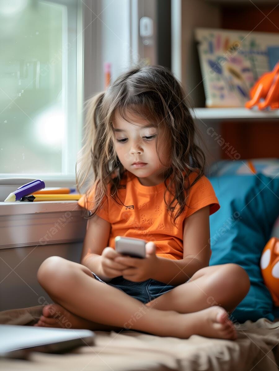 Criança usando celular perto da janela