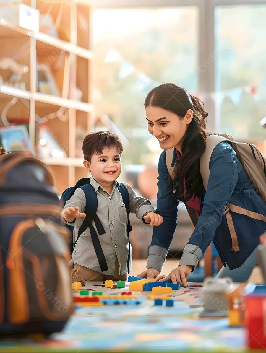 Mãe e filho brincando com blocos coloridos