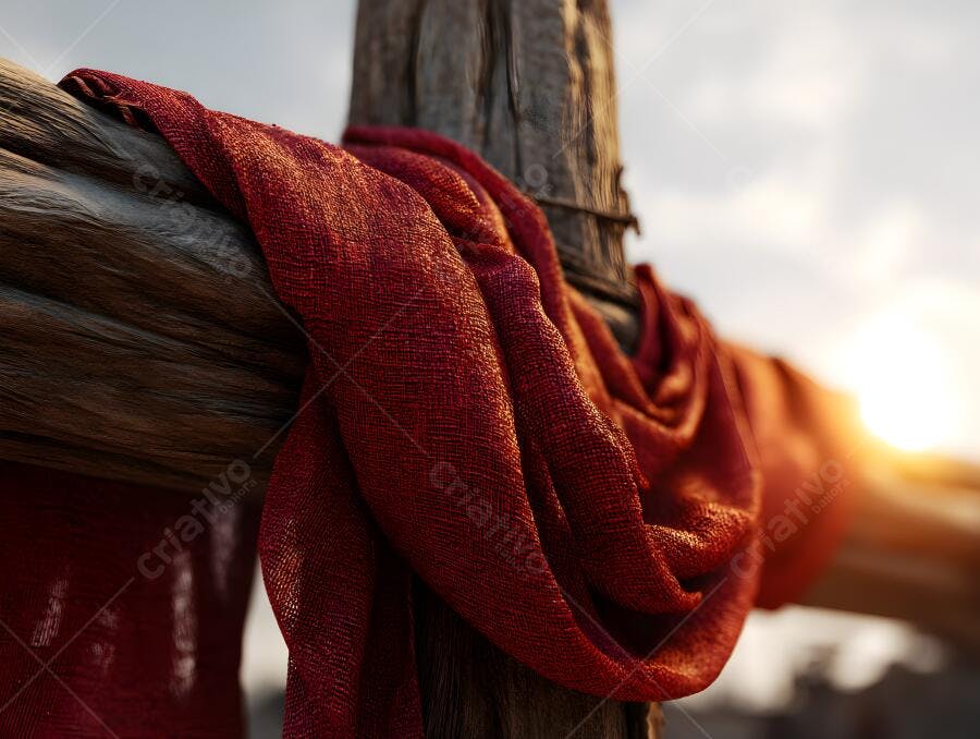 Cruz de madeira com tecido vermelho ao entardecer
