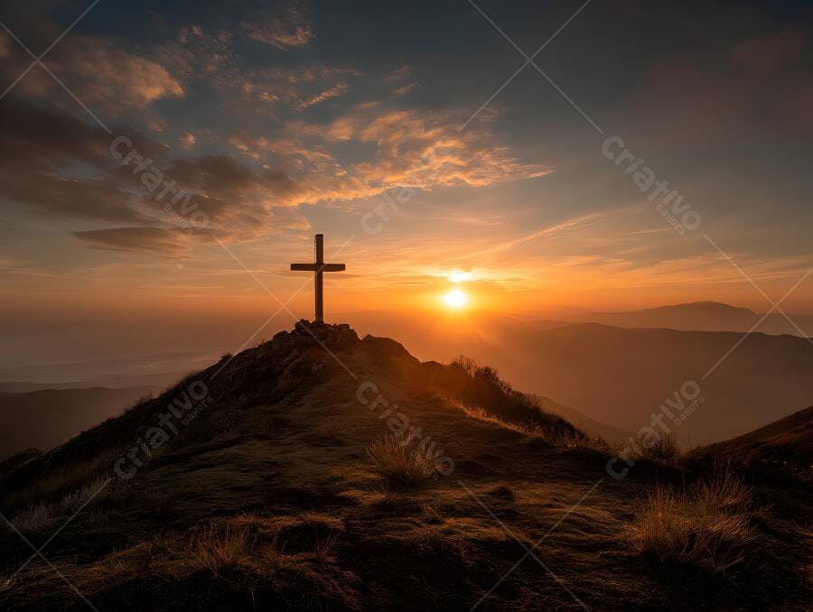 Cruz no topo da montanha ao nascer do sol
