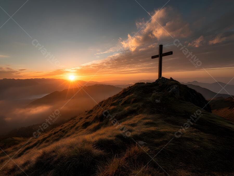 Cruz em montanha ao amanhecer