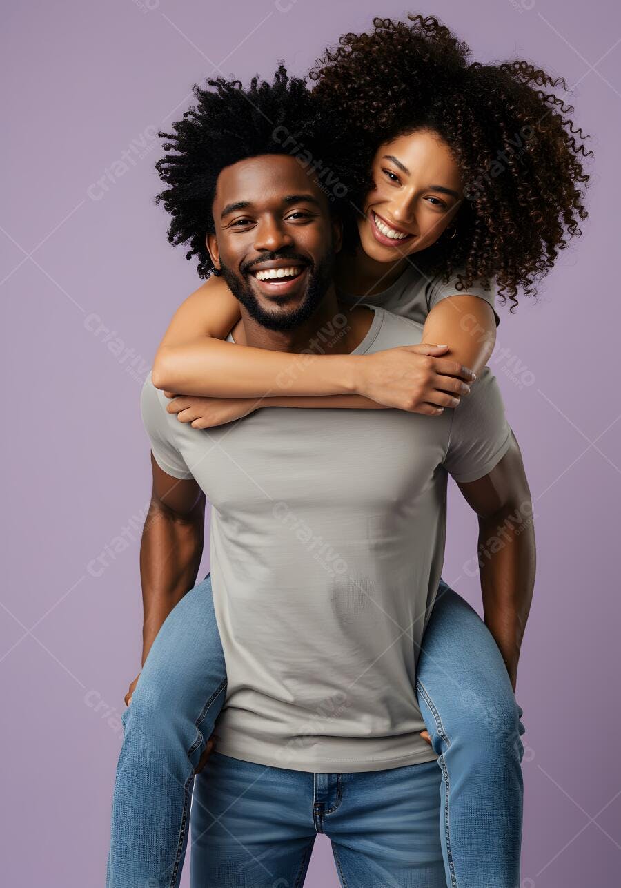 Casal negro feliz se abraçando fundo roxo