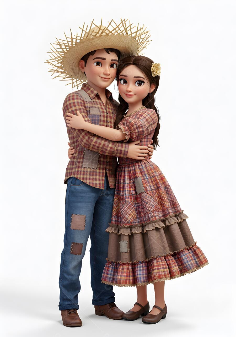 Casal junino abraçado em trajes típicos