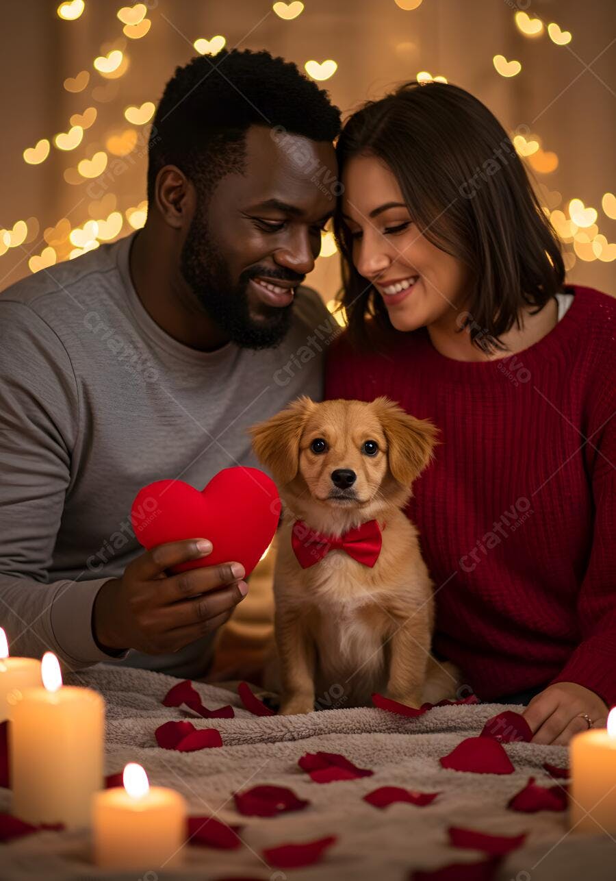 Casal interracial com cachorro no Dia dos Namorados