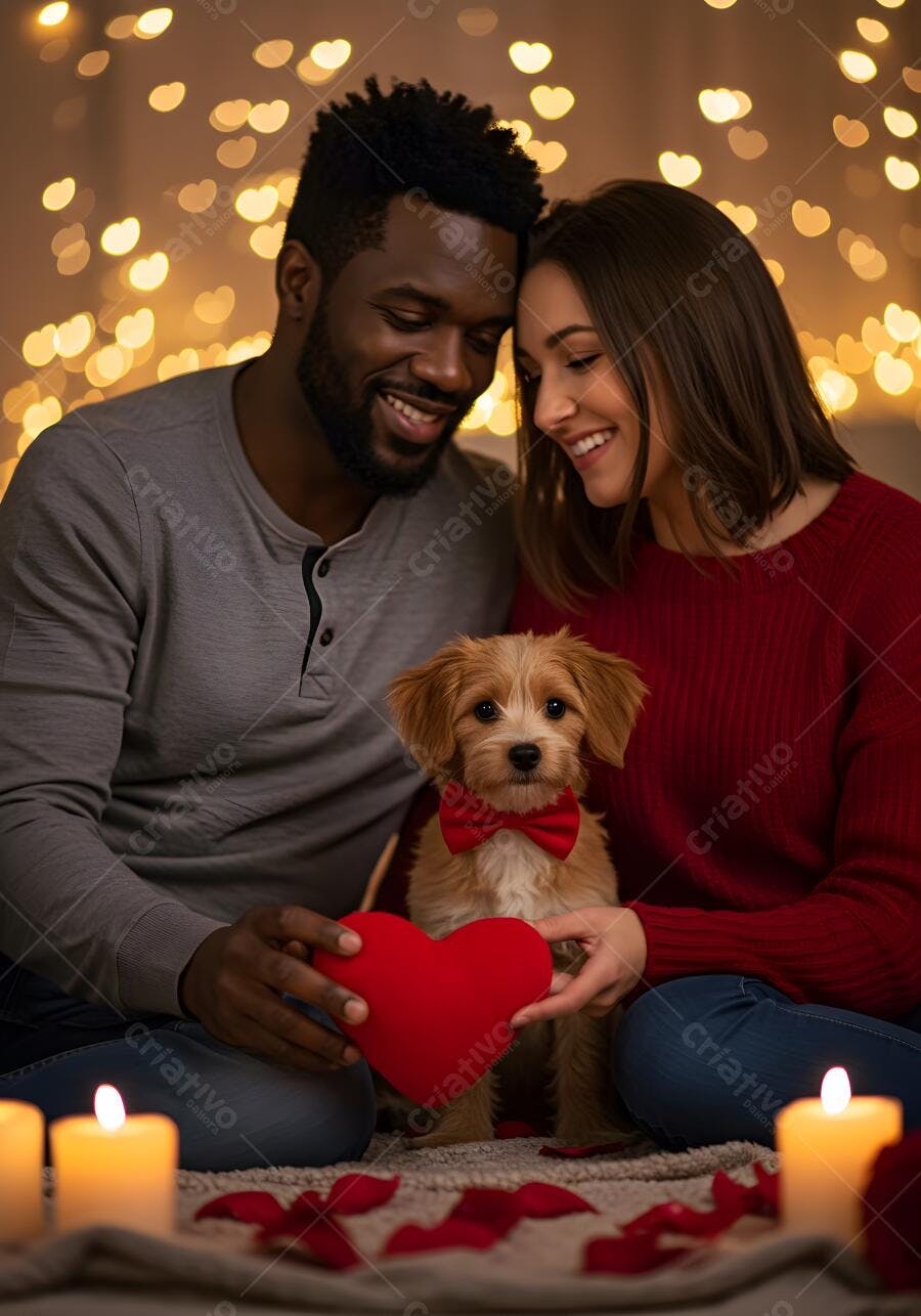 Casal interracial com cachorrinho no Dia dos Namorados