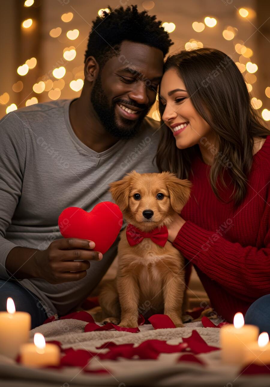 Casal apaixonado com cachorrinho no Dia dos Namorados