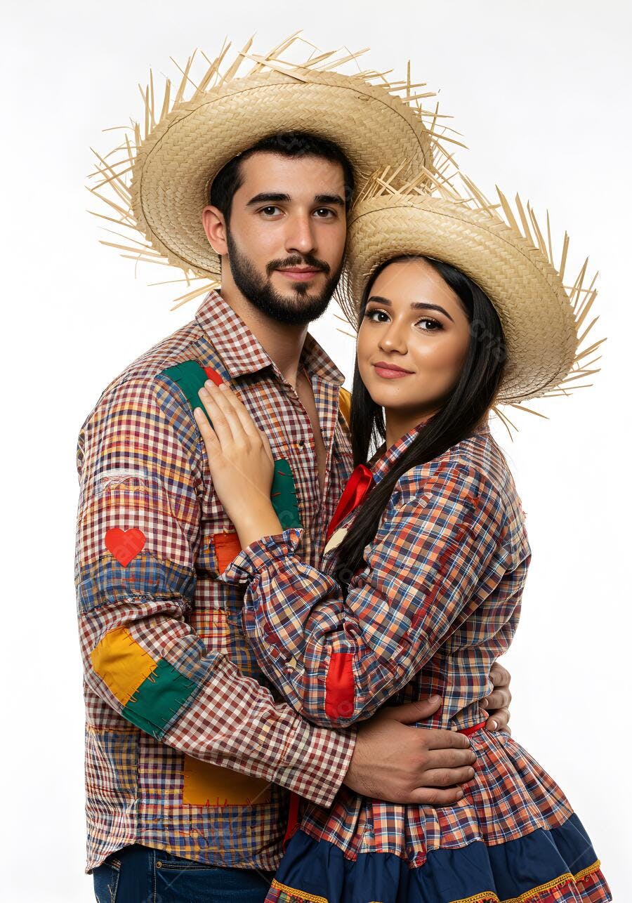 Casal apaixonado em trajes juninos