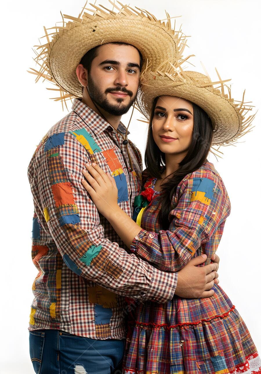 Casal jovem em trajes juninos abraçados