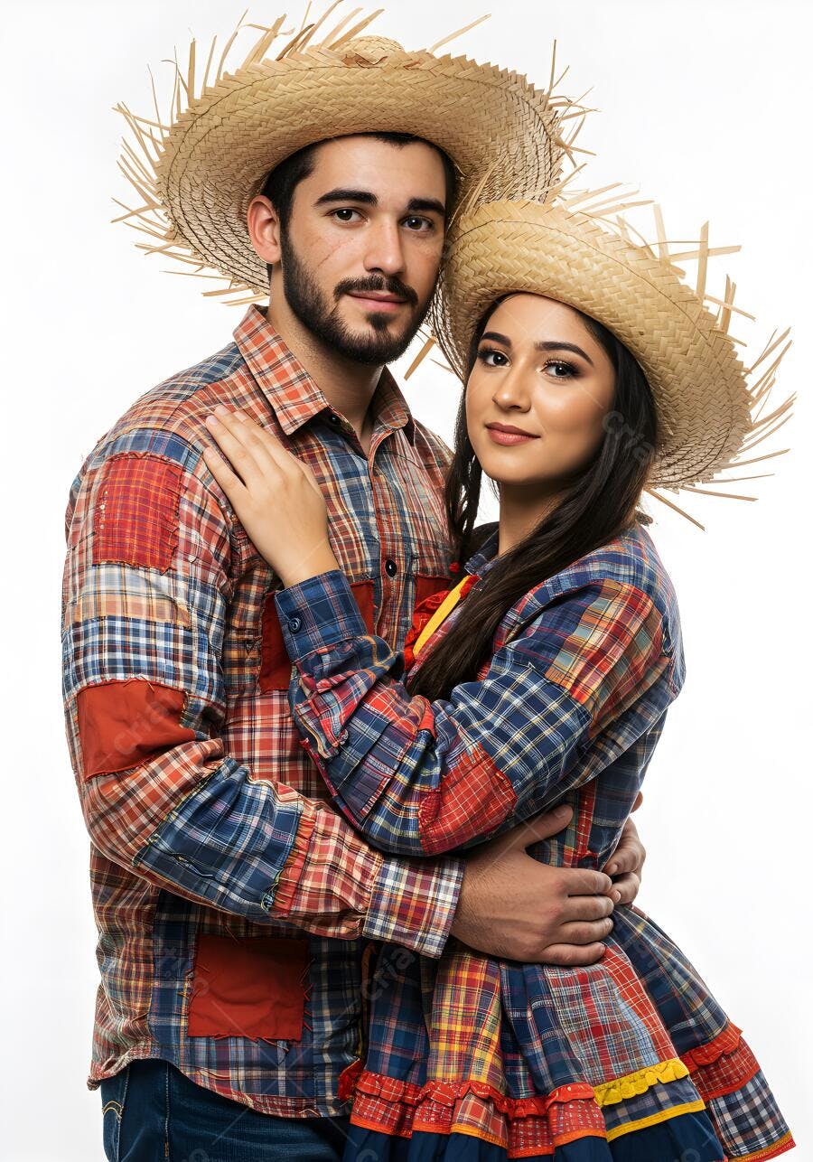 Casal jovem em trajes juninos abraçados