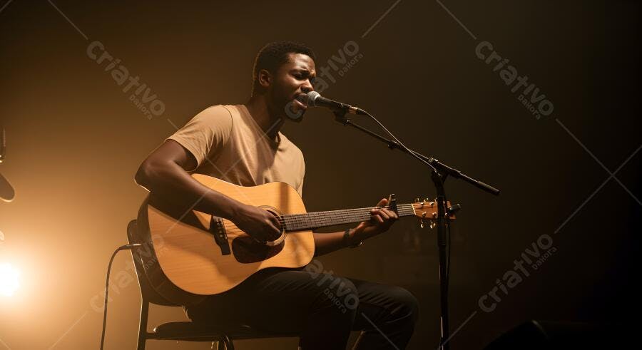 Músico negro tocando violão em palco