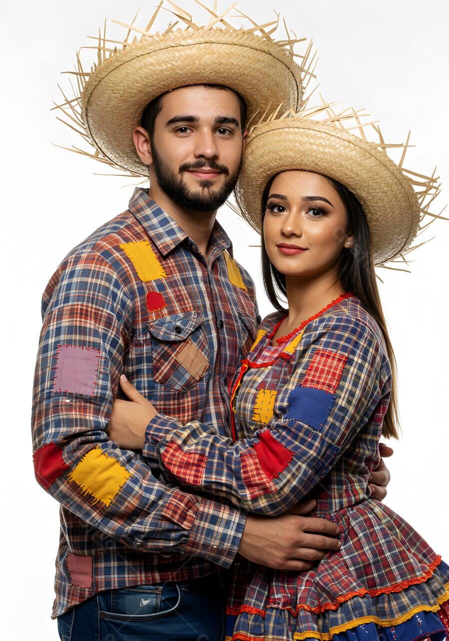 Casal abraçado em trajes juninos