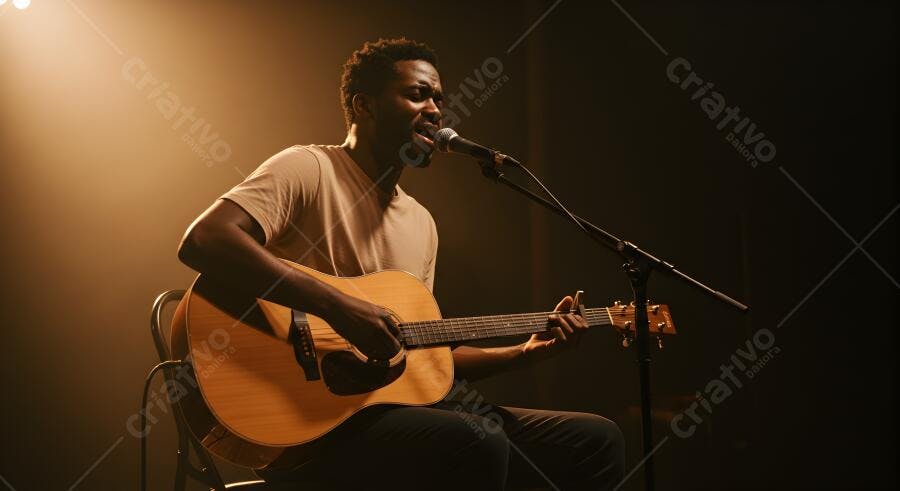 Músico negro tocando violão em palco escuro