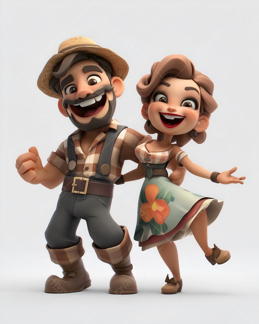 Casal feliz estilo cartoon vestindo roupas de fazenda