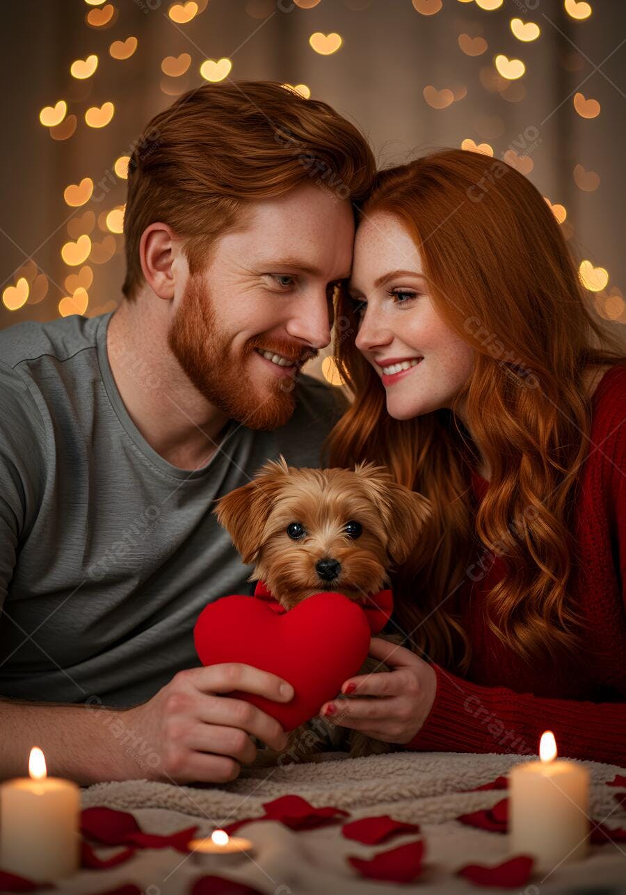 Casal ruivo com cachorrinho no Dia dos Namorados