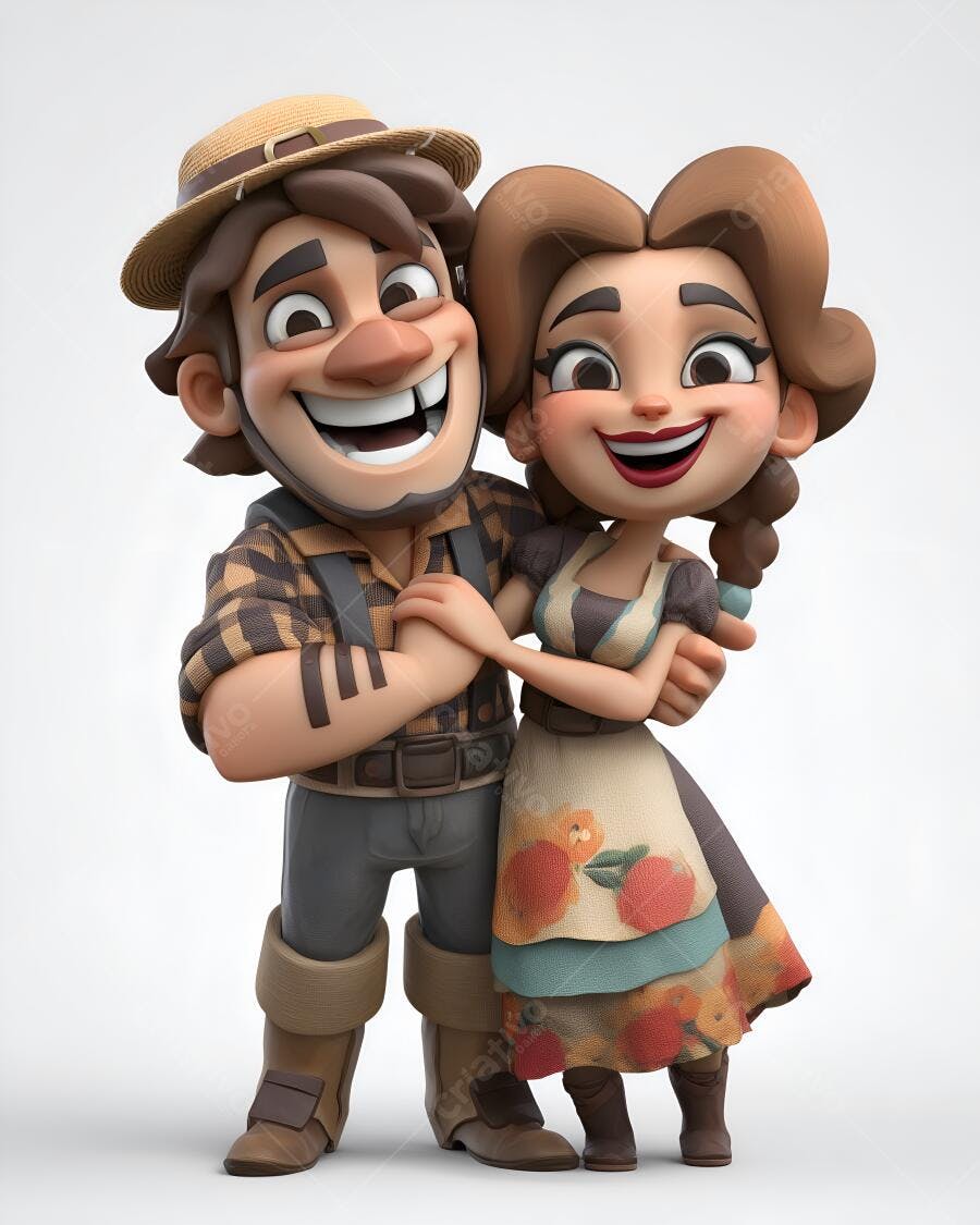 Casal de desenho animado abraçado estilo caipira