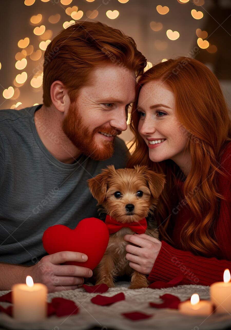 Casal ruivo com cachorrinho no Dia dos Namorados