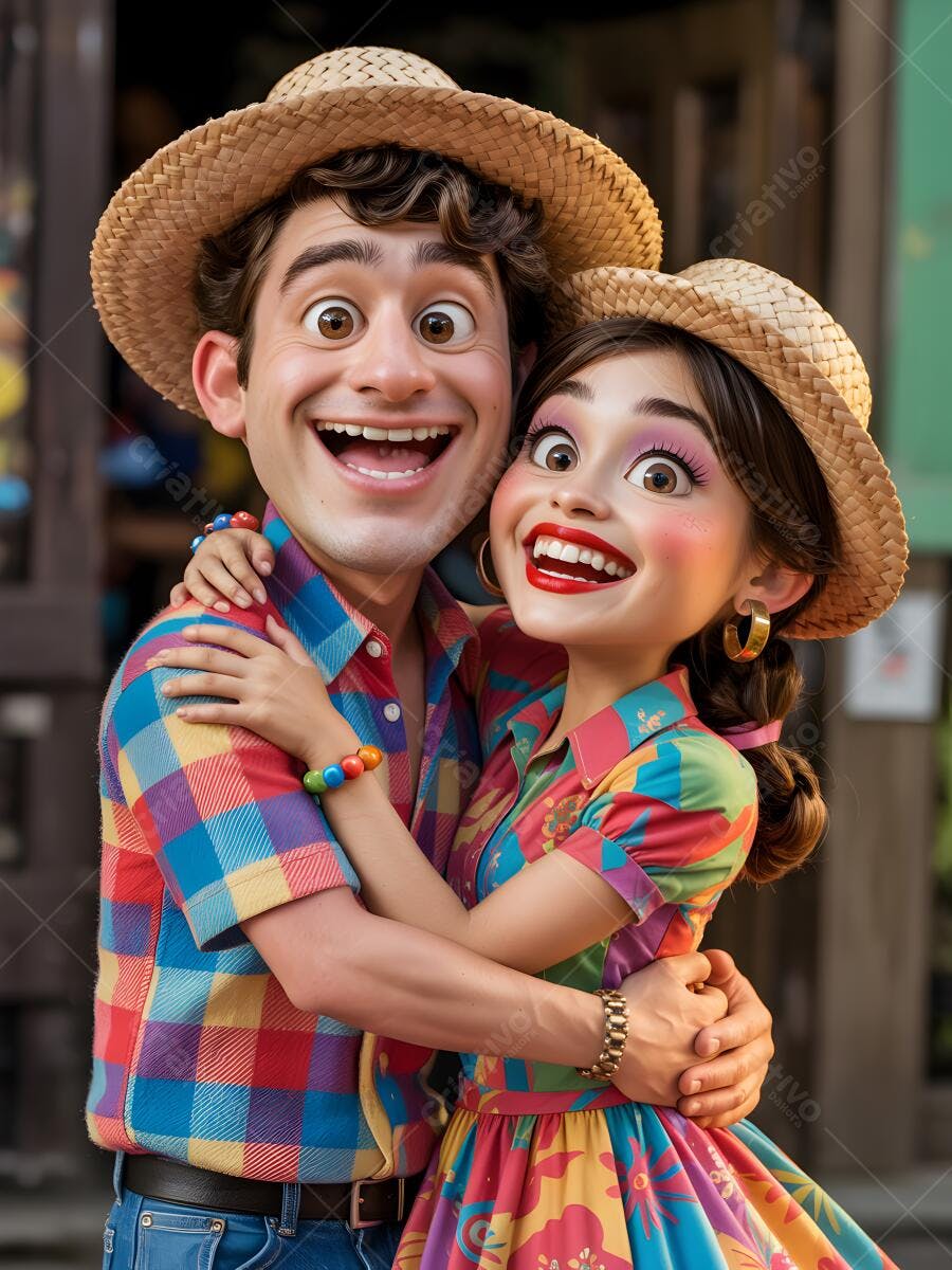 Casal alegre em trajes juninos abraçados