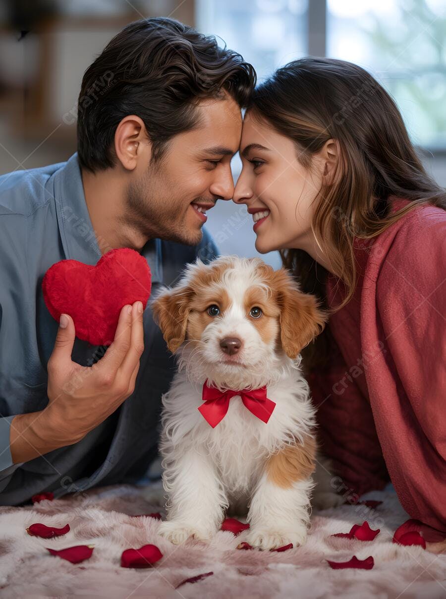 Casal apaixonado com cachorrinho no Dia dos Namorados