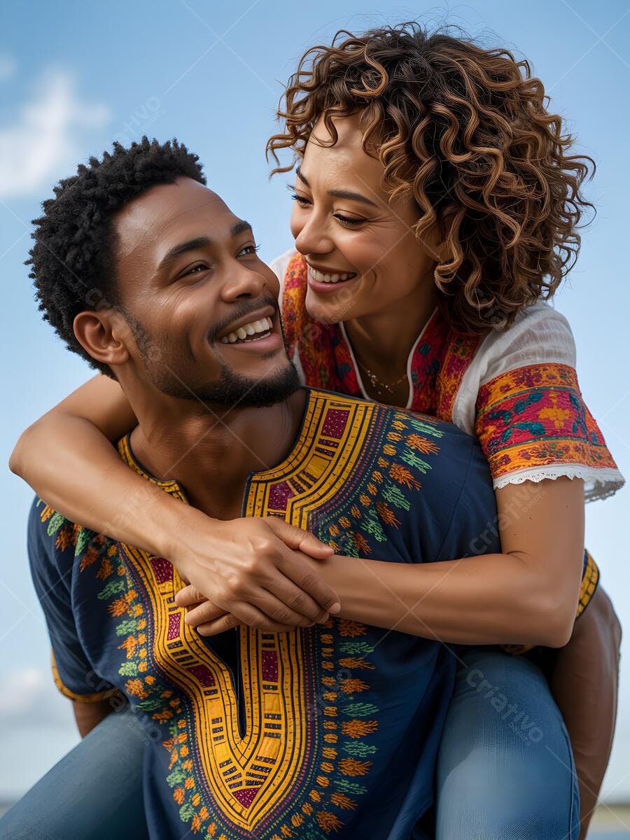 Casal afrodescendente feliz se abraçando ao ar livre