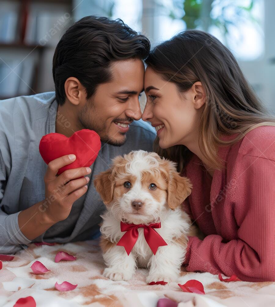 Casal apaixonado com cachorrinho no Dia dos Namorados
