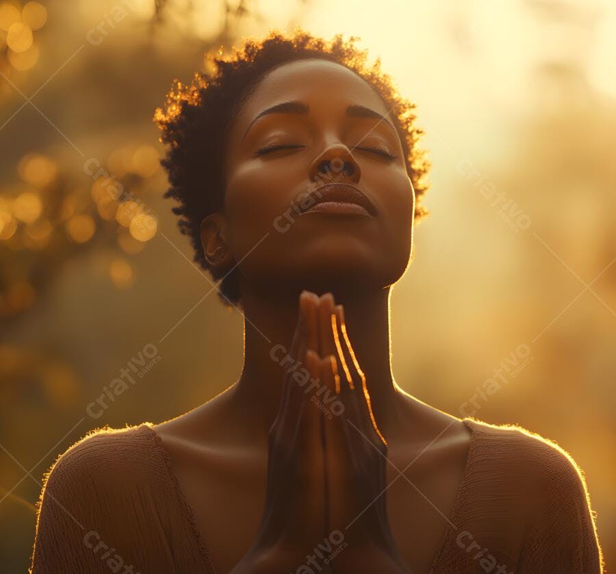 Mulher negra orando ao pôr do sol